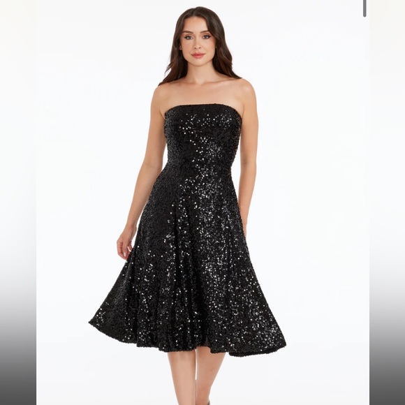 Dress the Population Ruby Jet Black Strapless Sequin Midi Dress NWT - Picture 1 of 4